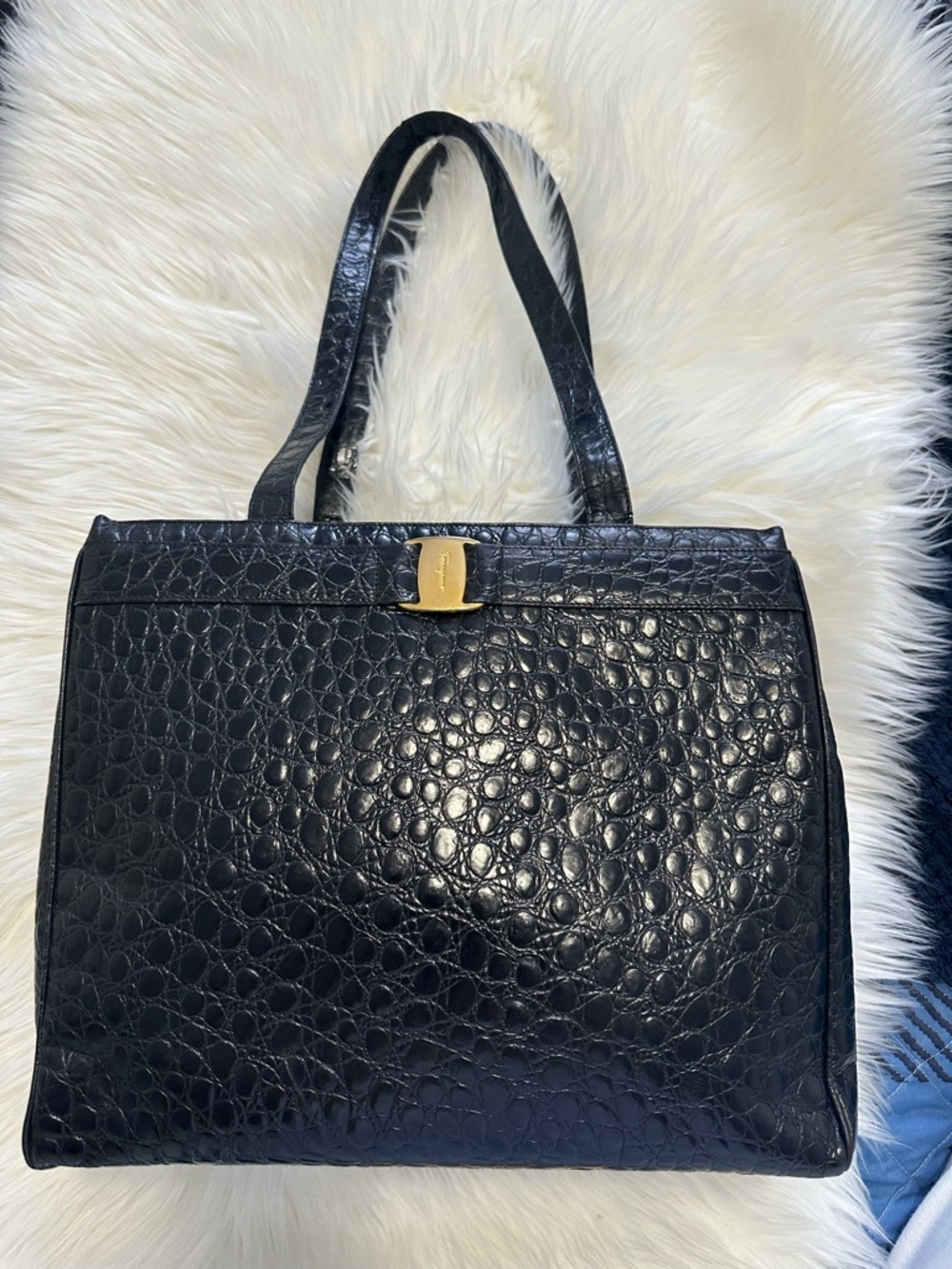 Salvatore Ferragamo Black Croc-Embossed Tote Bag with Gold Accent